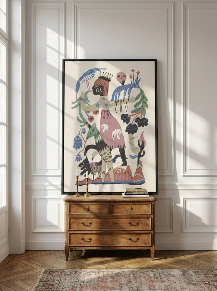 Canvas wall art with a black surround standing on a sideboard in a Parisian home office