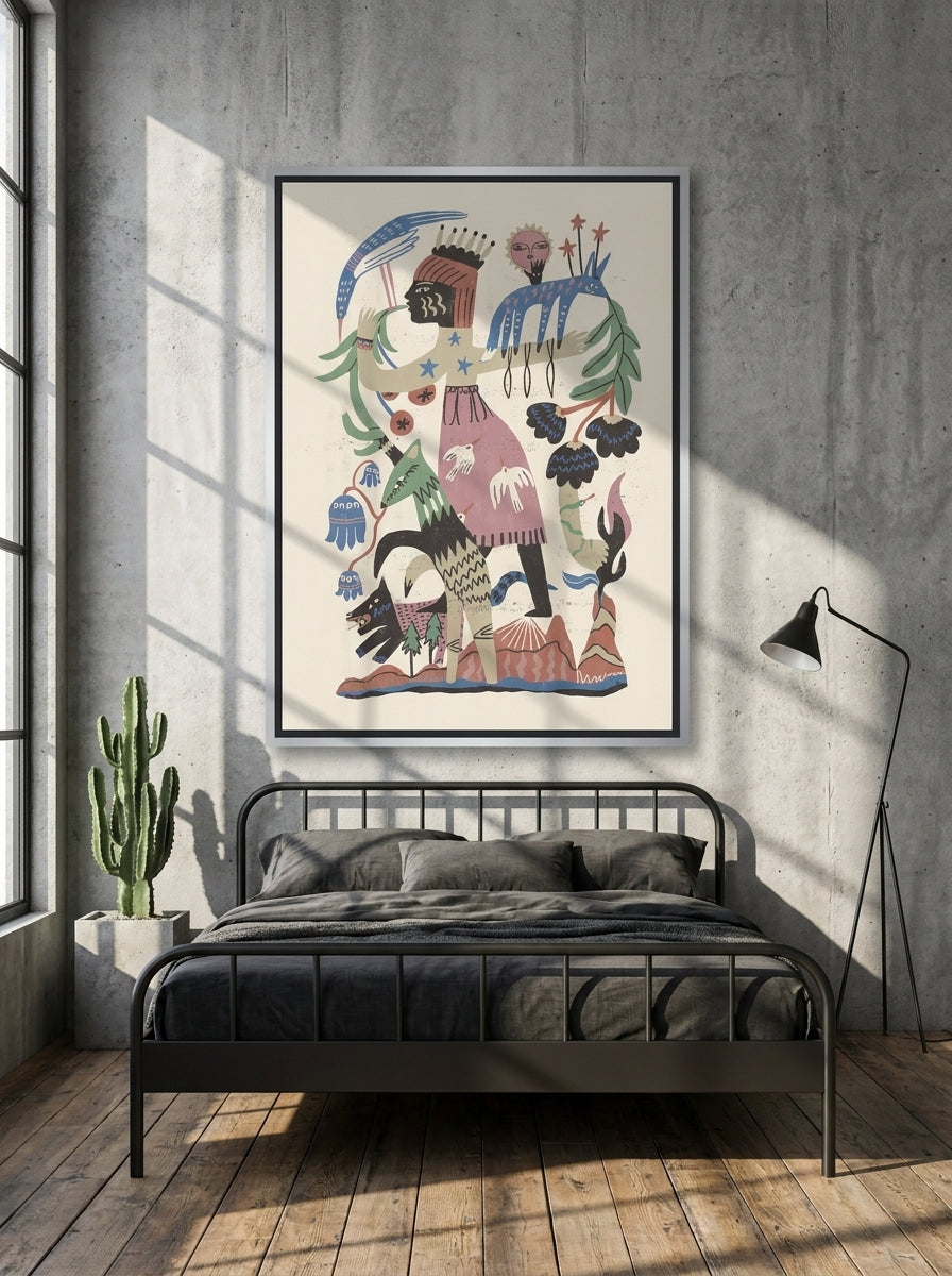 Canvas wall art with a silver leaf surround styled on the wall in an industrial loft bedroom