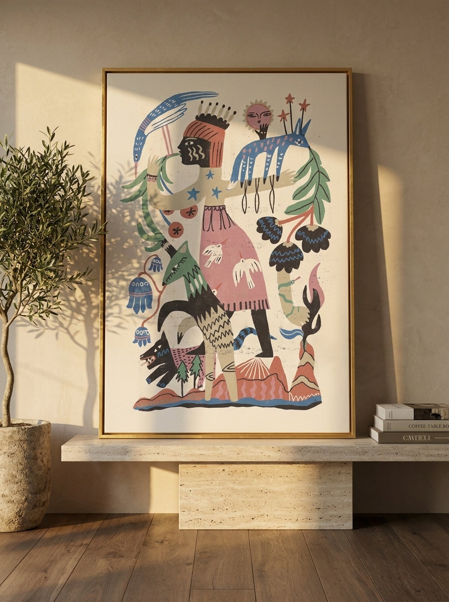 Canvas wall art with a gold leaf surround standing on a console in a luxe living room