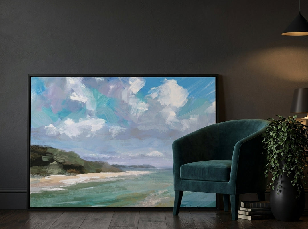 Canvas wall art with a black surround leaning against the wall in a moody bedroom
