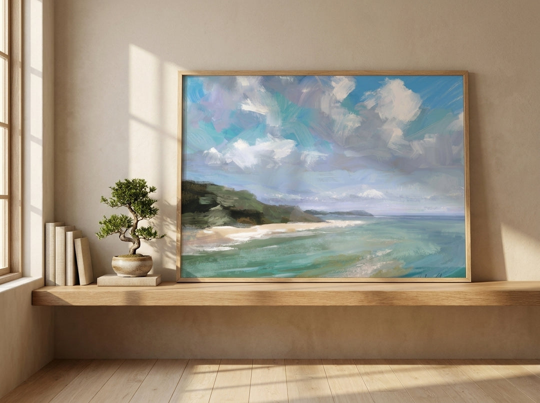 Modern wall art print standing on a shelf in a warm Japandi bathroom