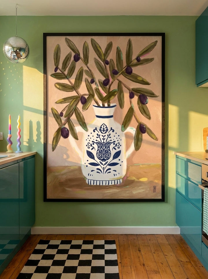 Modern wall art print styled on the wall in a colourful eclectic kitchen