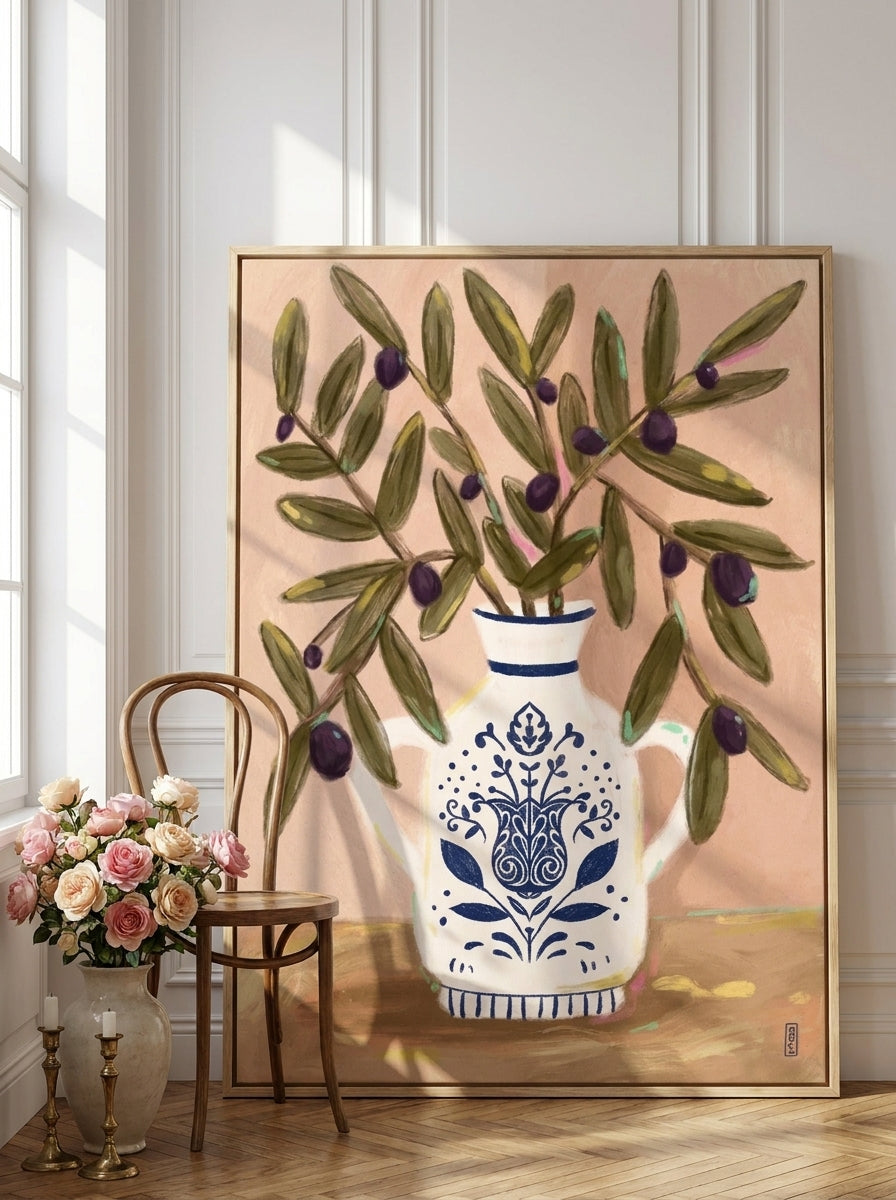 Oversized statement canvas wall art with a natural timber surround leaning against the wall in a Parisian bathroom