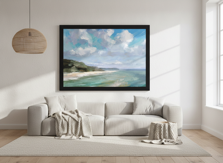 Oversized statement modern wall art print styled on the wall in a bright Scandinavian living room