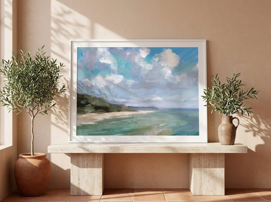 Modern wall art print standing on a console in a Mediterranean bedroom
