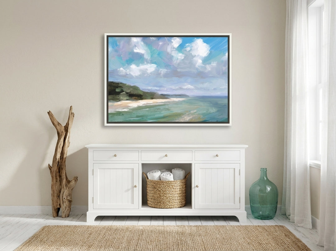 Canvas wall art with a white surround styled on the wall in a coastal bathroom