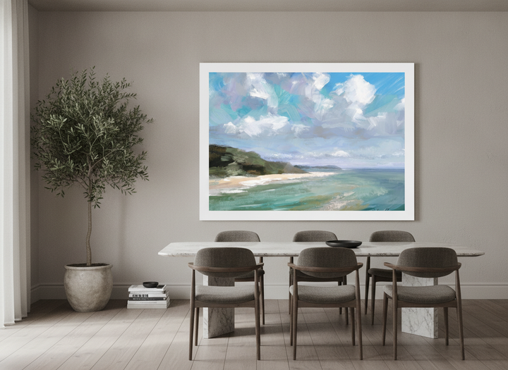 Oversized statement modern wall art print styled on the wall in a luxe dining room