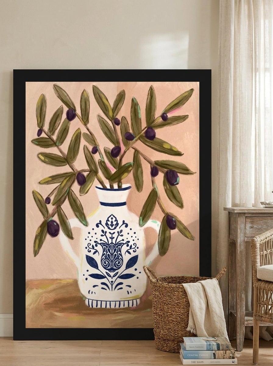 Oversized statement modern wall art print leaning against the wall in a coastal dining room