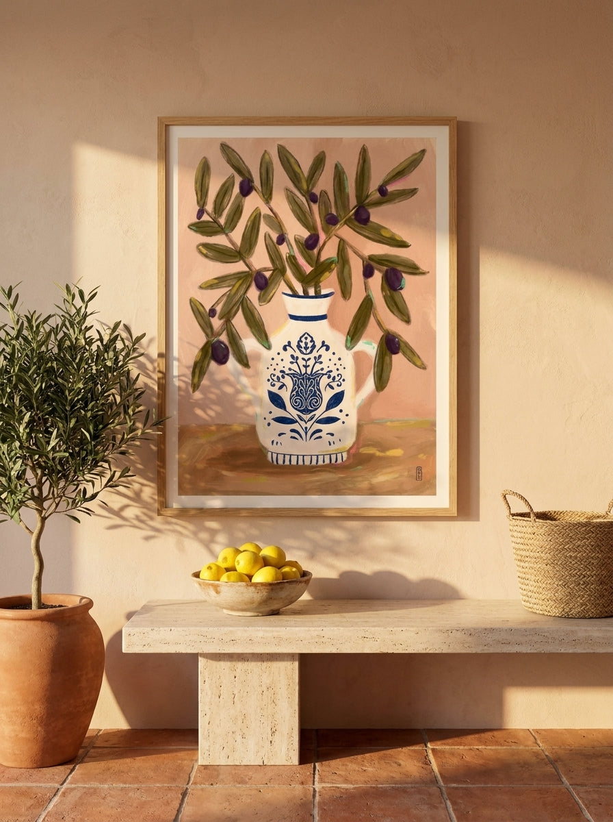 Modern wall art print styled on the wall in a Mediterranean kitchen