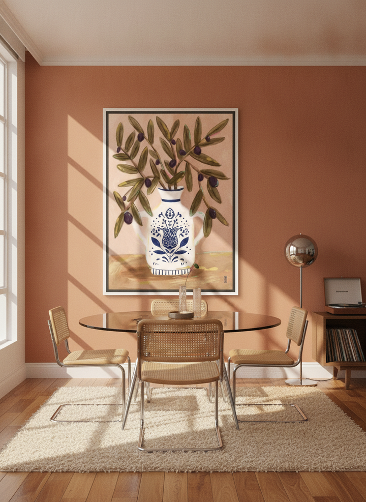 Oversized statement canvas wall art with a white surround styled on the wall in a retro 70s dining room