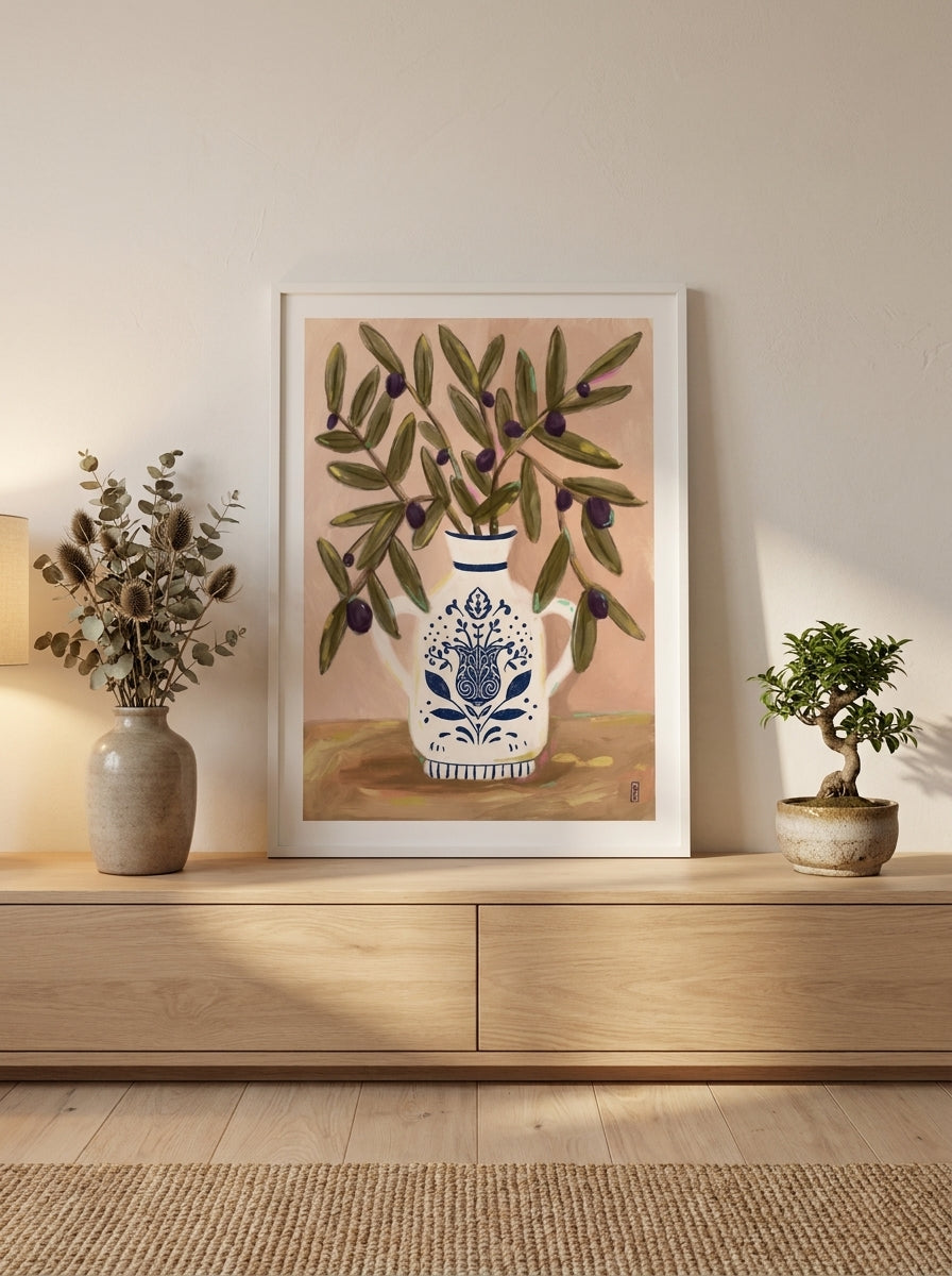 Modern wall art print standing on a sideboard in a warm Japandi living room