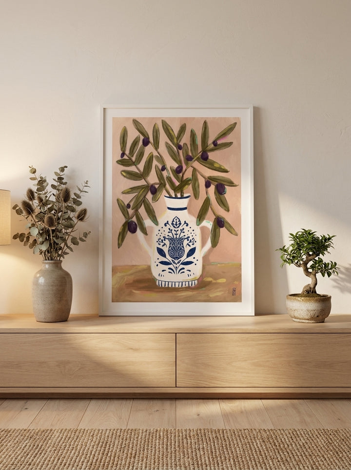 Modern wall art print standing on a sideboard in a warm Japandi living room