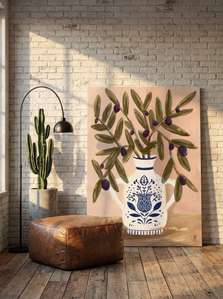 Stretched canvas wall art leaning against the wall in an industrial loft living room
