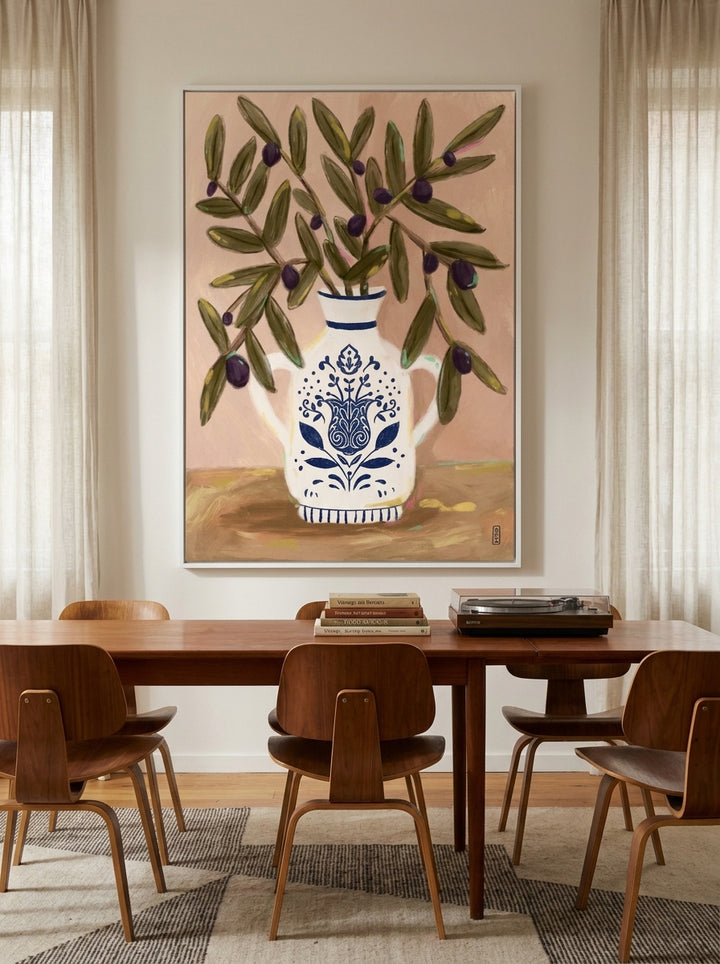 Oversized statement modern wall art print styled on the wall in a mid-century dining room