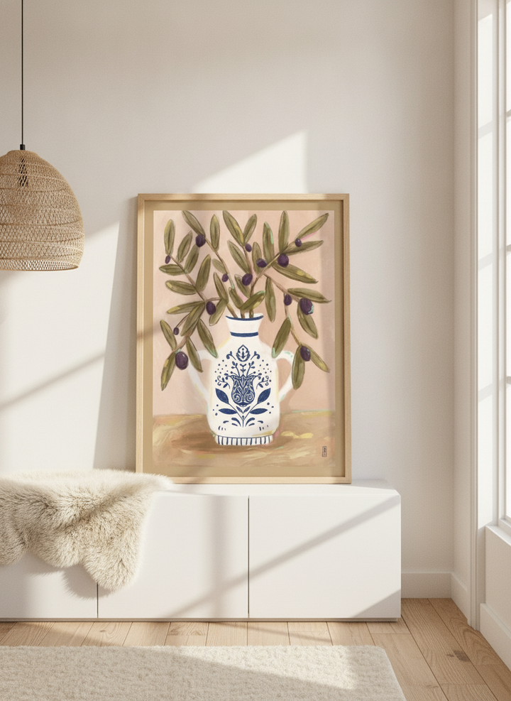 Modern wall art print standing on a sideboard in a bright Scandinavian bathroom