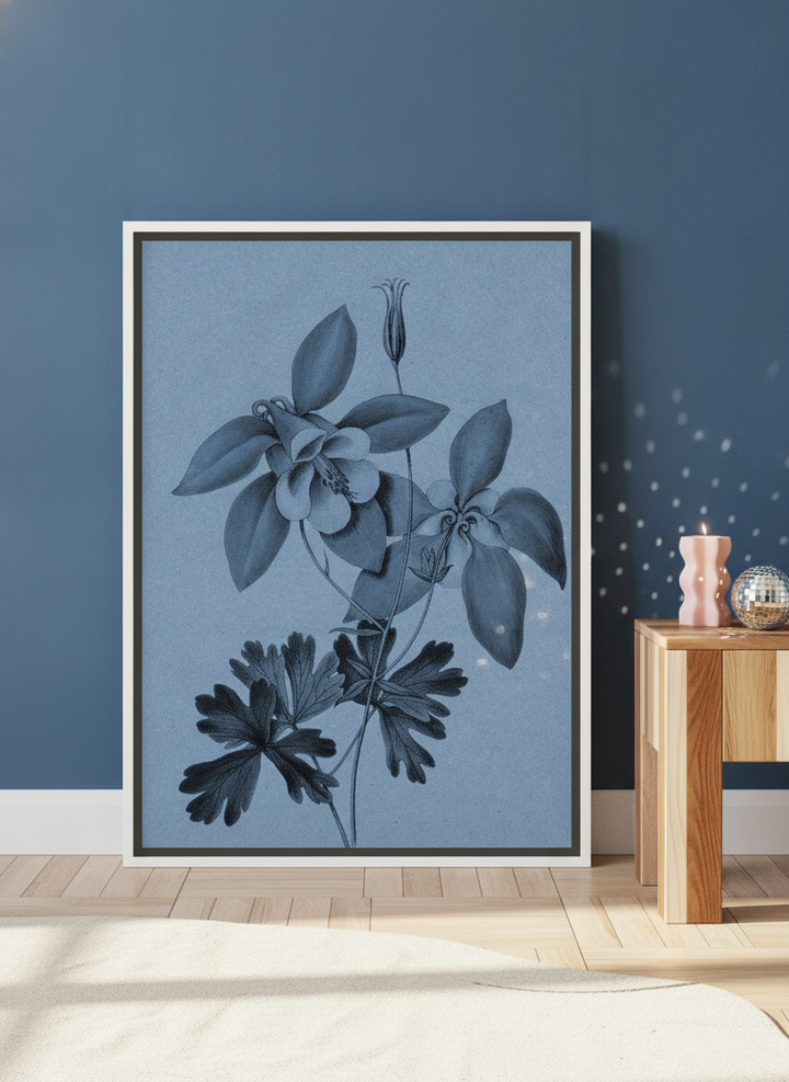 Canvas wall art with a white surround leaning against the wall in a colourful eclectic bedroom