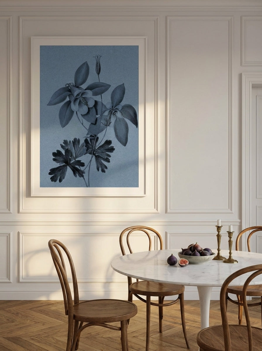 Oversized statement modern wall art print styled on the wall in a Parisian dining room