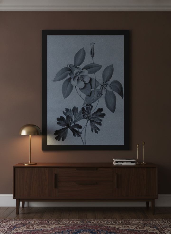 Oversized statement modern wall art print styled on the wall in a moody living room