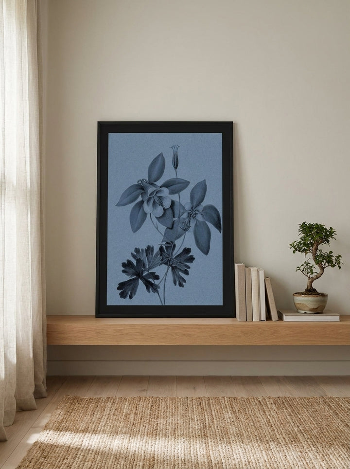 Modern wall art print standing on a shelf in a warm Japandi bedroom