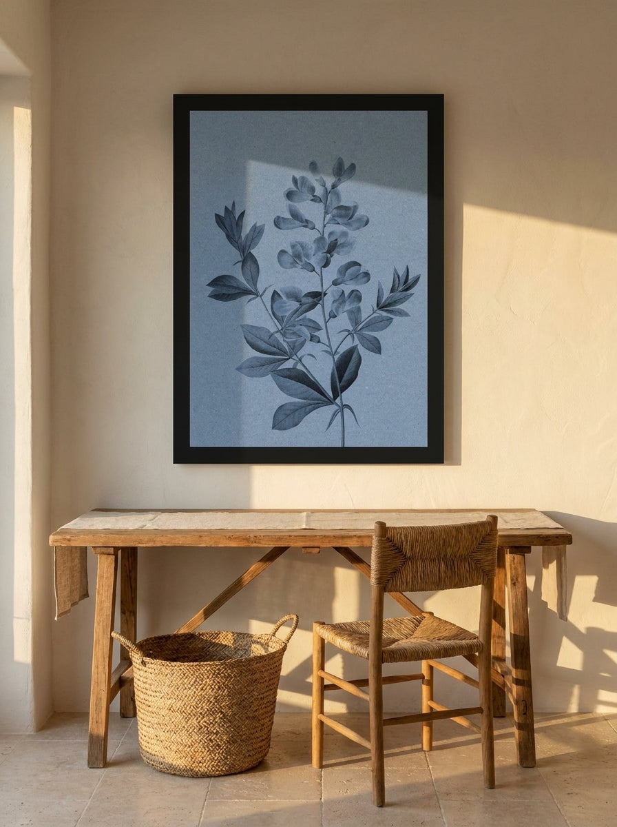 Modern wall art print styled on the wall in a Mediterranean home office