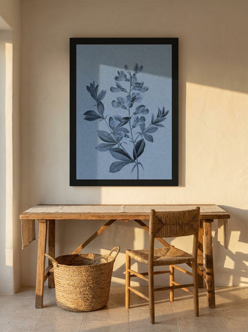 Modern wall art print styled on the wall in a Mediterranean home office
