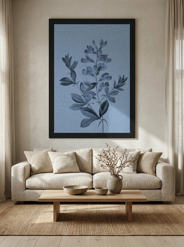 Oversized statement modern wall art print styled on the wall in a warm Japandi living room