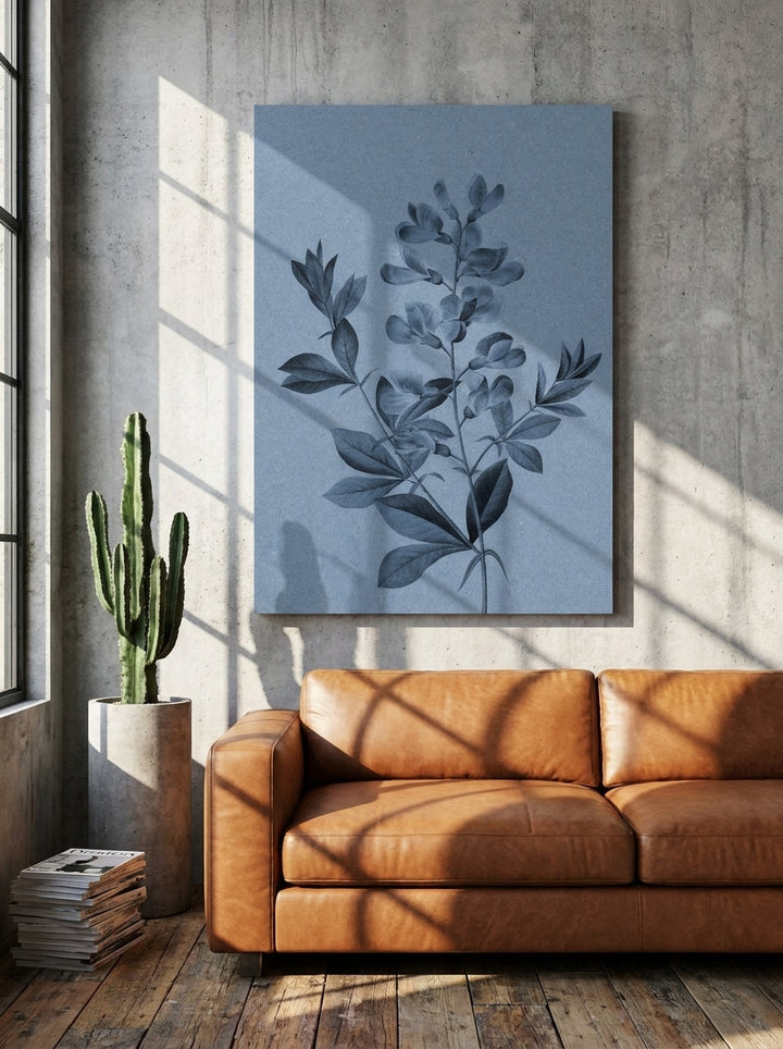 Stretched canvas wall art styled on the wall in an industrial loft living room