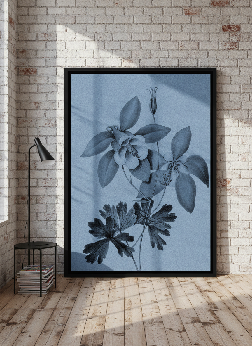 Oversized statement canvas wall art with a black surround leaning against the wall in an industrial loft living room