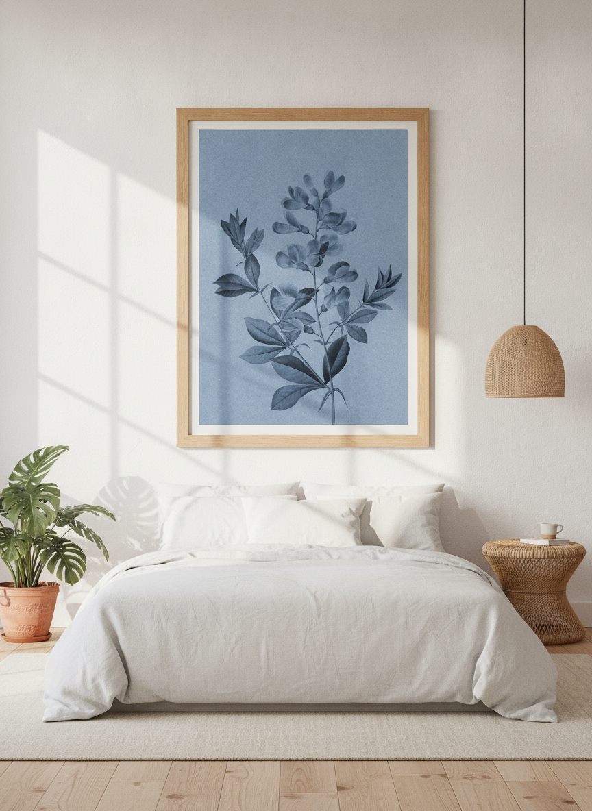 Modern wall art print styled on the wall in a bright Scandinavian bedroom