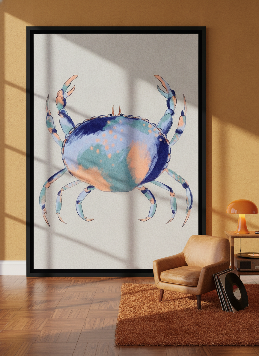 Oversized statement canvas wall art with a black surround leaning against the wall in a retro 70s dining room