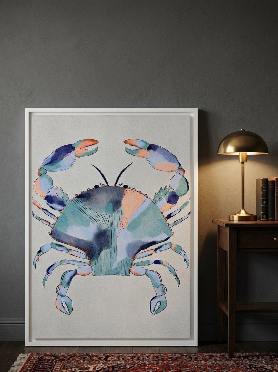 Canvas wall art with a white surround leaning against the wall in a moody dining room