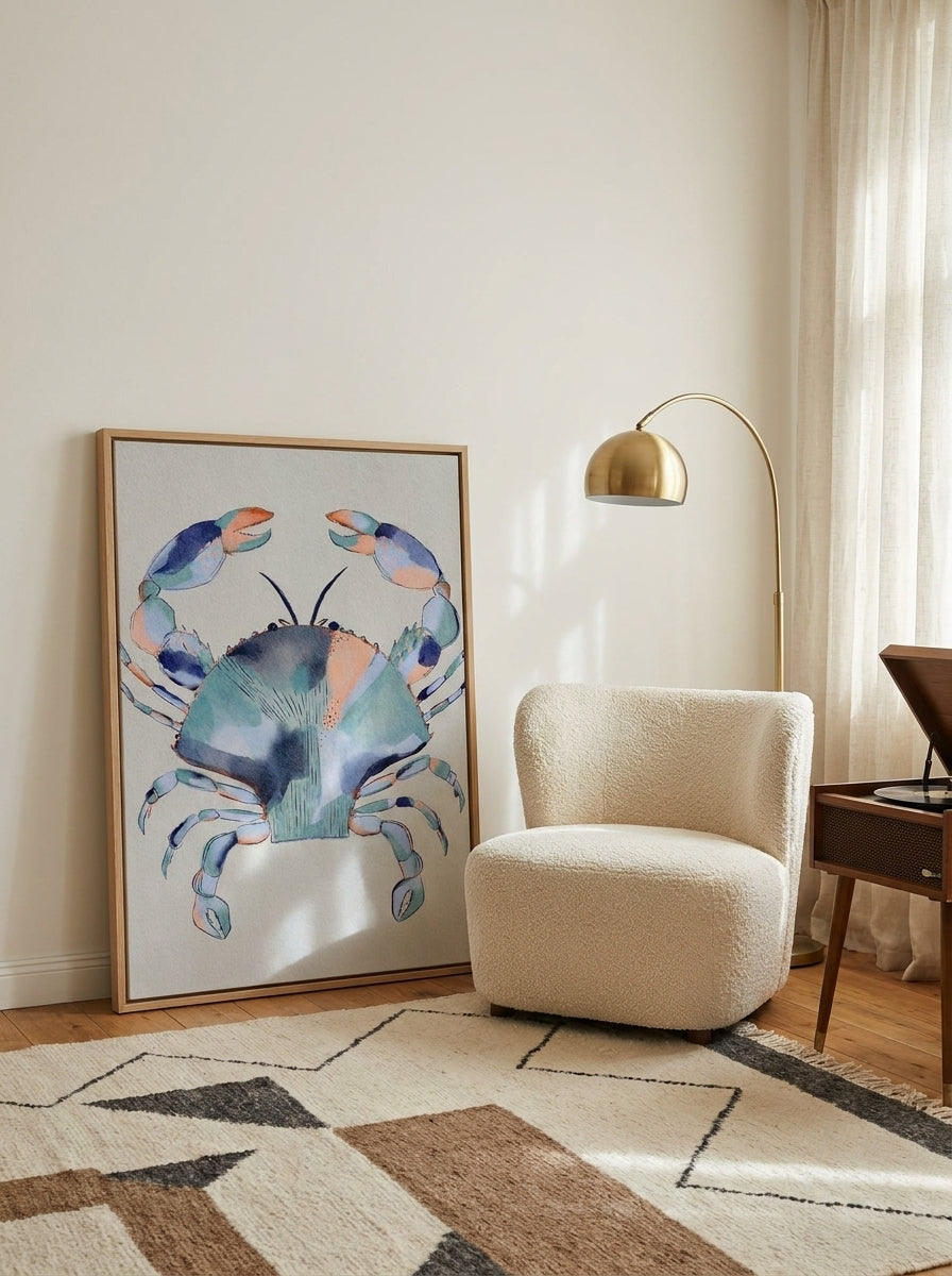 Canvas wall art with a natural timber surround leaning against the wall in a mid-century kitchen