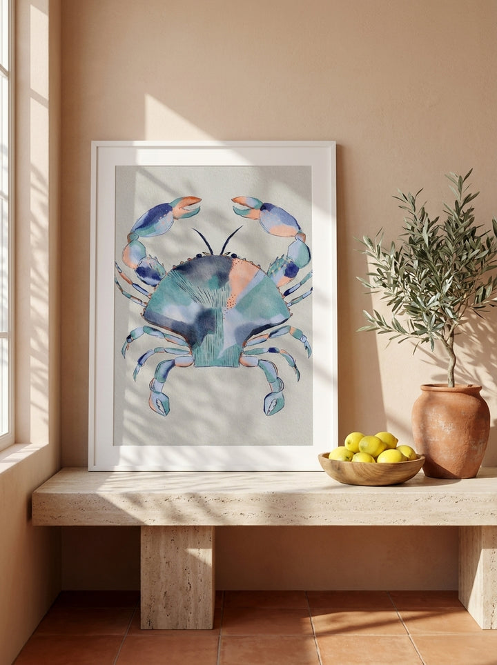 Modern wall art print standing on a kitchen bench in a Mediterranean kitchen