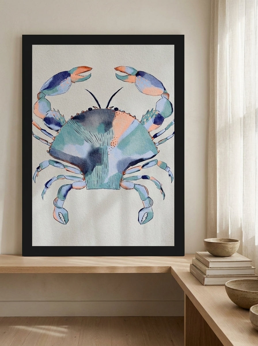 Modern wall art print standing on a bench in a warm Japandi dining room