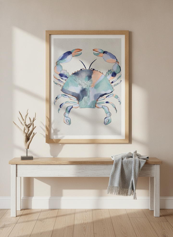 Modern wall art print styled on the wall in a coastal living room