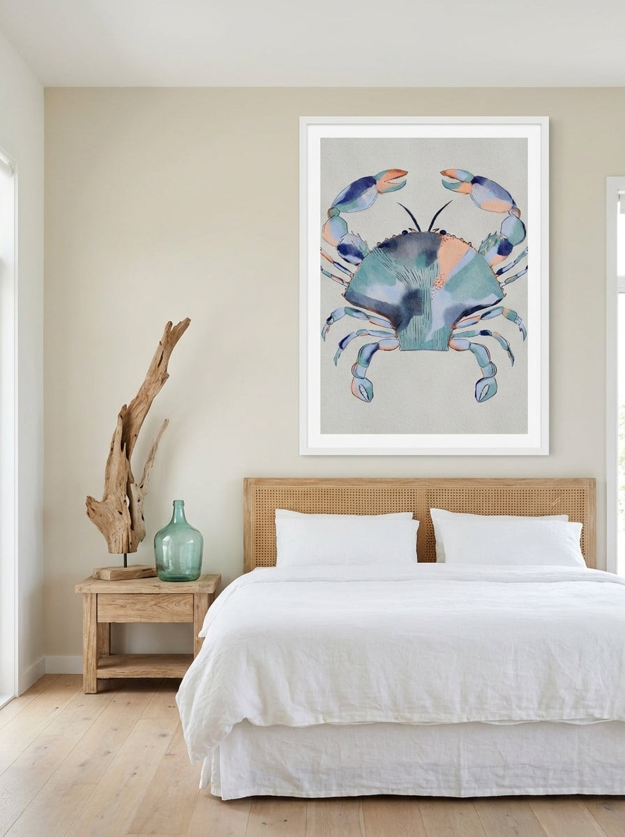 Oversized statement modern wall art print styled on the wall in a coastal bedroom