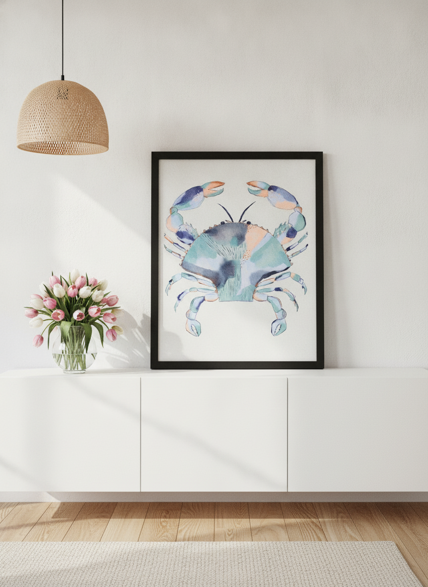 Modern wall art print standing on a sideboard in a bright Scandinavian bathroom