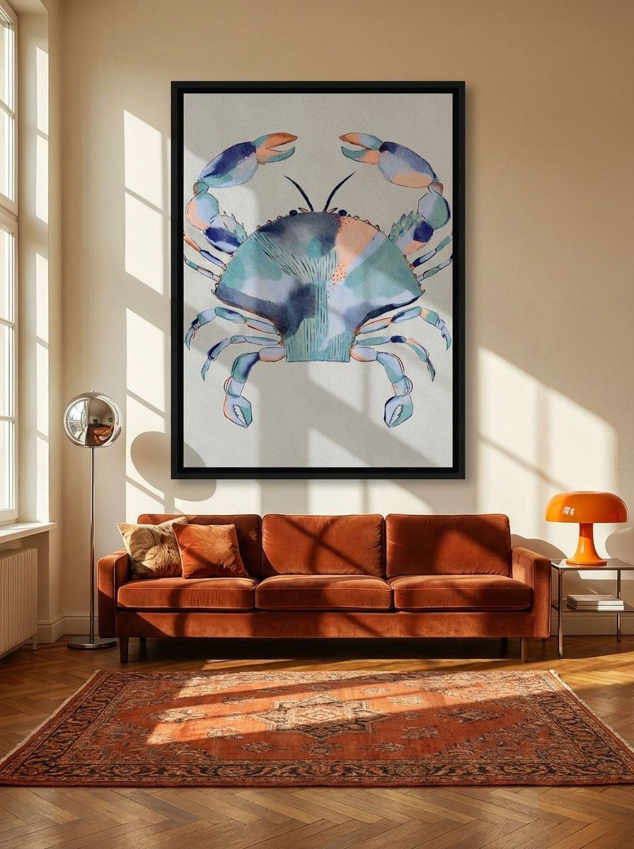 Oversized statement canvas wall art with a black surround styled on the wall in a retro 70s living room