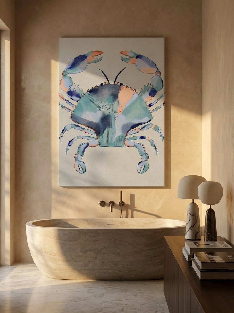Stretched canvas wall art styled on the wall in a luxe bathroom