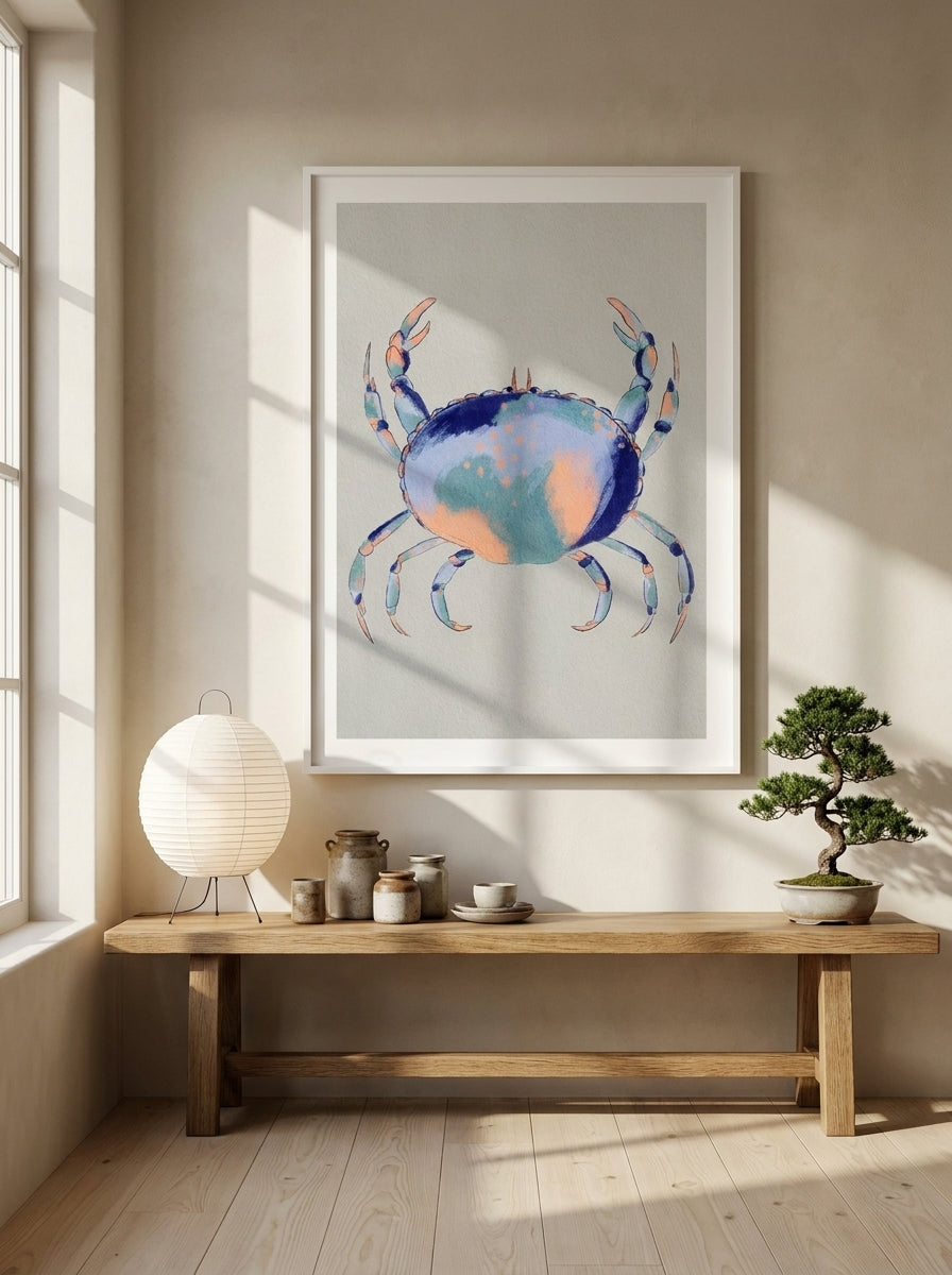 Modern wall art print styled on the wall in a warm Japandi kitchen