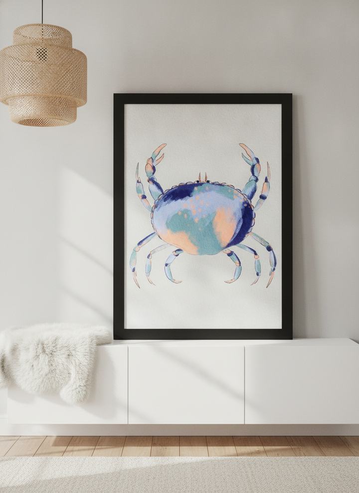 Modern wall art print standing on a sideboard in a bright Scandinavian bathroom