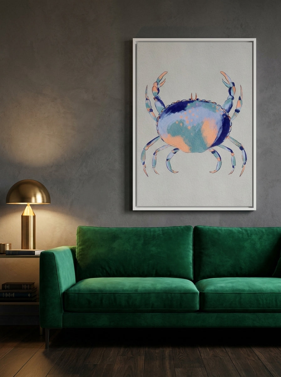Canvas wall art with a white surround styled on the wall in a moody living room
