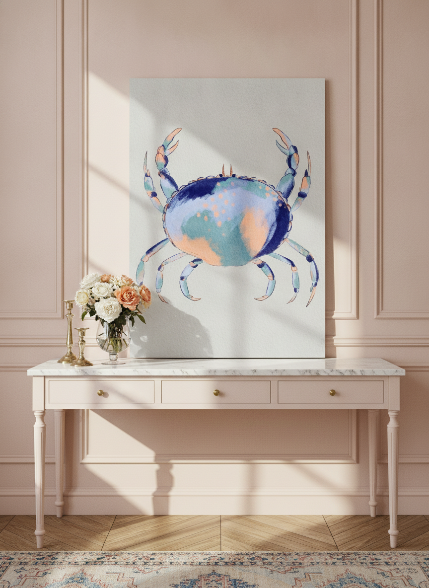Stretched canvas wall art standing on a console in a Parisian bathroom