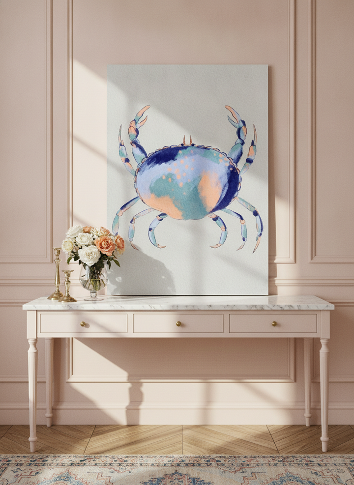 Stretched canvas wall art standing on a console in a Parisian bathroom