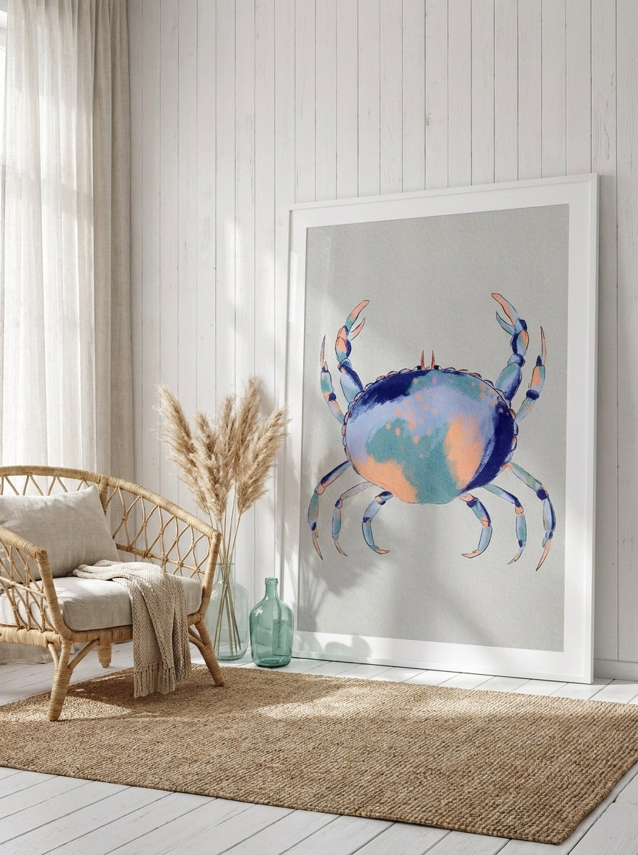 Oversized statement modern wall art print leaning against the wall in a coastal living room