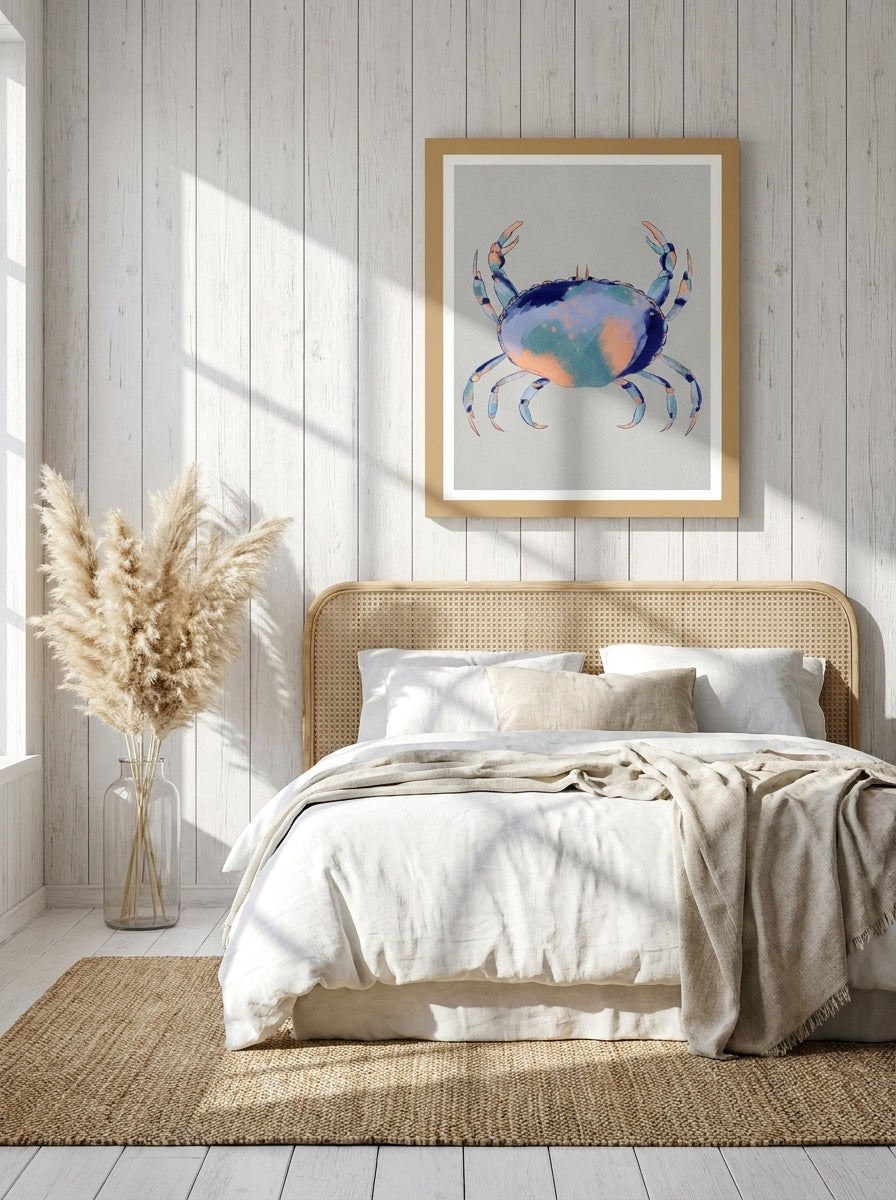 Modern wall art print styled on the wall in a coastal bedroom