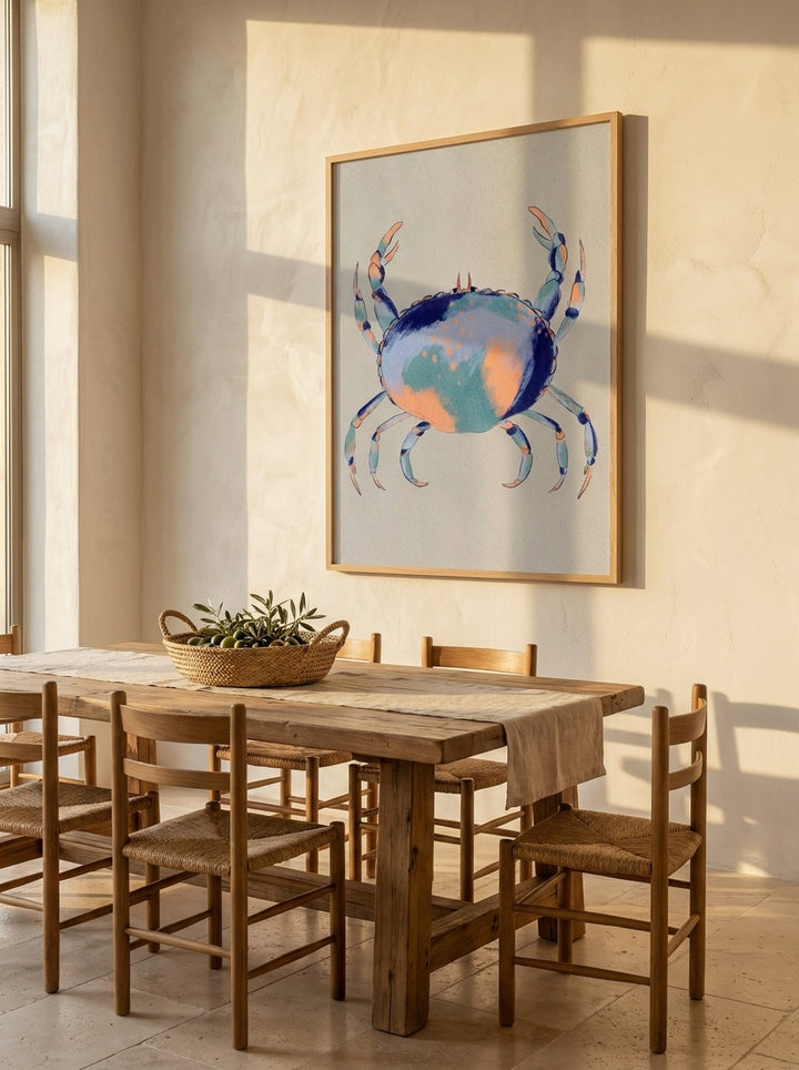 Oversized statement modern wall art print styled on the wall in a Mediterranean dining room