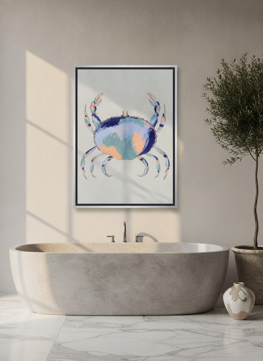 Canvas wall art with a silver leaf surround styled on the wall in a luxe bathroom