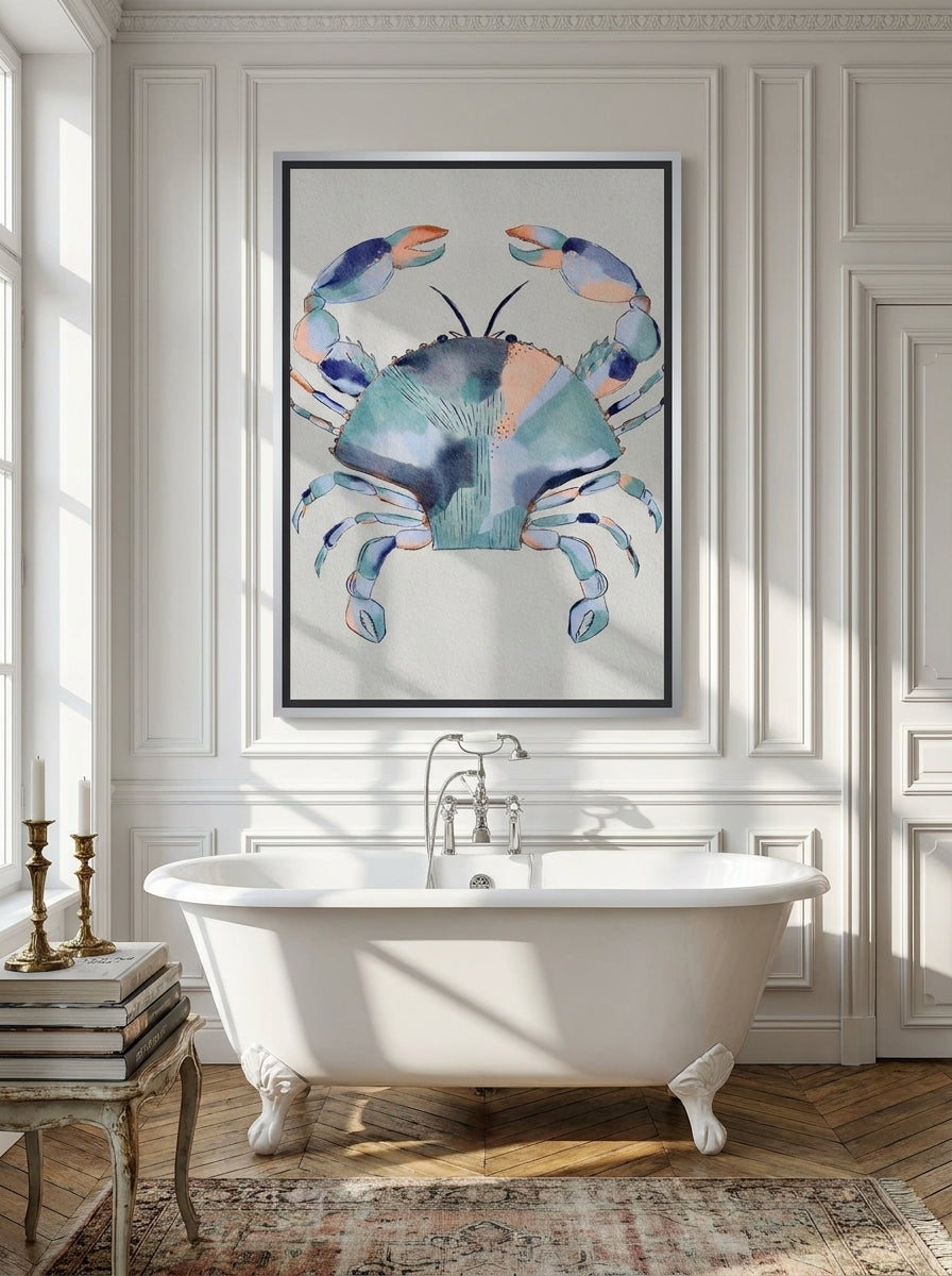 Canvas wall art with a silver leaf surround styled on the wall in a Parisian bathroom