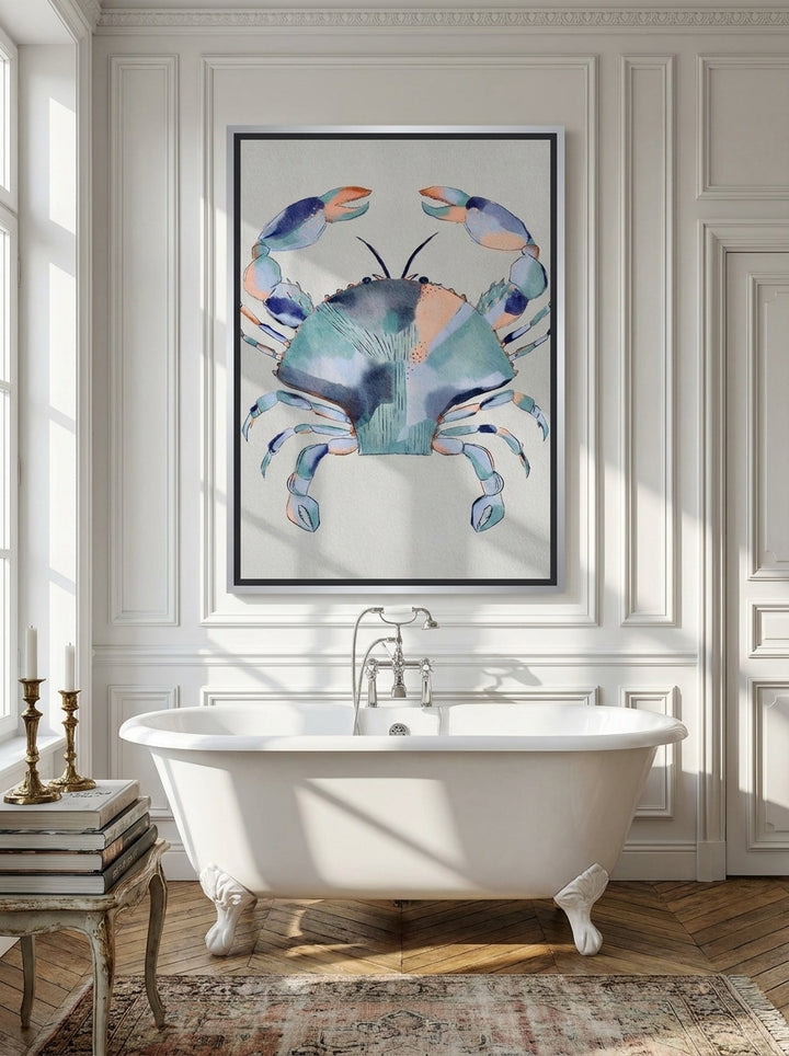 Canvas wall art with a silver leaf surround styled on the wall in a Parisian bathroom